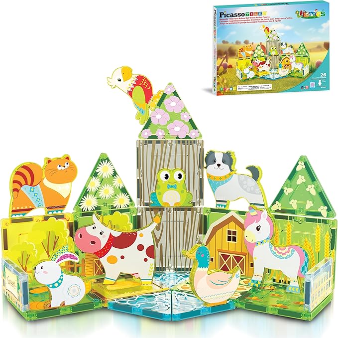 PicassoTiles 26pcs Magnetic Tiles Magnet Tile Building Blocks Printed Fall Farm Themed Animal Toy Set with 8 Farmyard Animals Character Action Figures STEM Learning Playset for Kids, Ages 3+ PTQ27