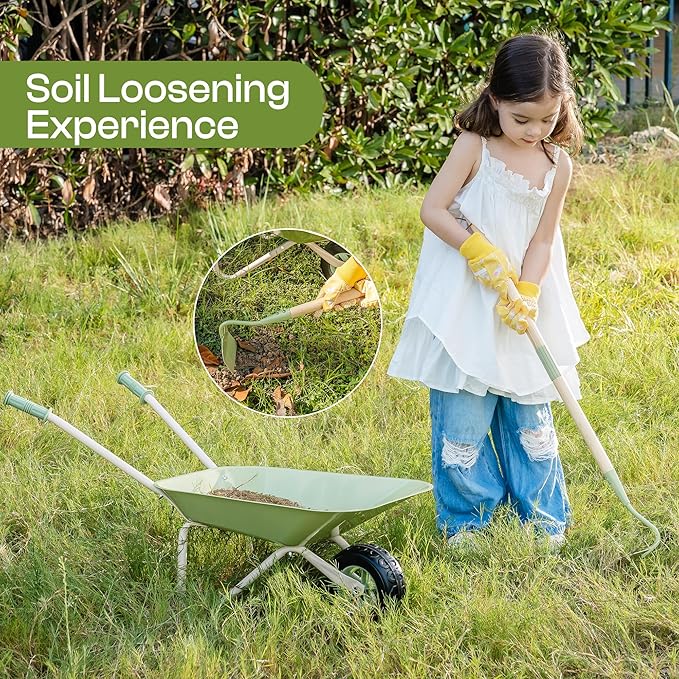 ROBOTIME Kids Wheelbarrow Set, 5PCS Kids Gardening Tool Set with Metal Toy Wheelbarrow, Shovel, Hoe, Broom & Gloves, Outdoor Yard Play for Planting, Sand, Leaves & Snow Fun, Gifts for Toddler 3+