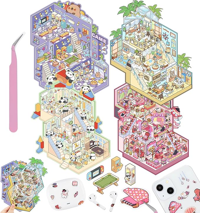 DIY 3D House Stickers, 4 Sets Fun DIY Stickers Scene Make Your Own Mini House Cute Cartoon Animal Scene Stickers for Kids Adult Sticker Art Relief Stress Pass The Time-Large Size