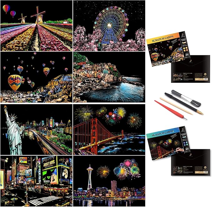 Scratch Art for Adults and Kids-City Landmarks Scratch Painting Craft Kit (8 Sheets A4)|DIY Foil Engraving Art Set|Stress Relief Gift for Travel Lovers,Craft Lovers,Home Decor(America/Europe)