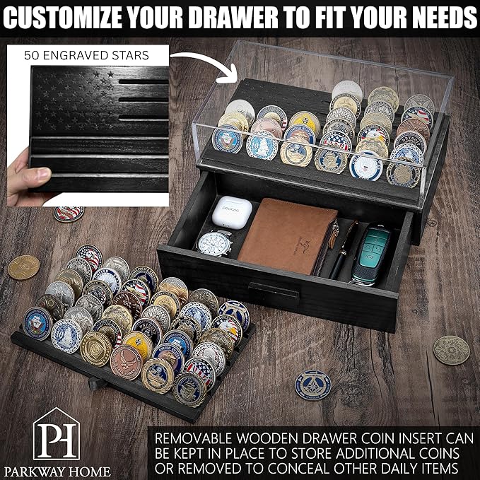 Black Military Challenge Coins Display Holder with American Flag,Solid Wood Challenge Coin Stand with Drawer,Challenge Coin Display Case for Collector, Military Coin Holder Rack for Desk