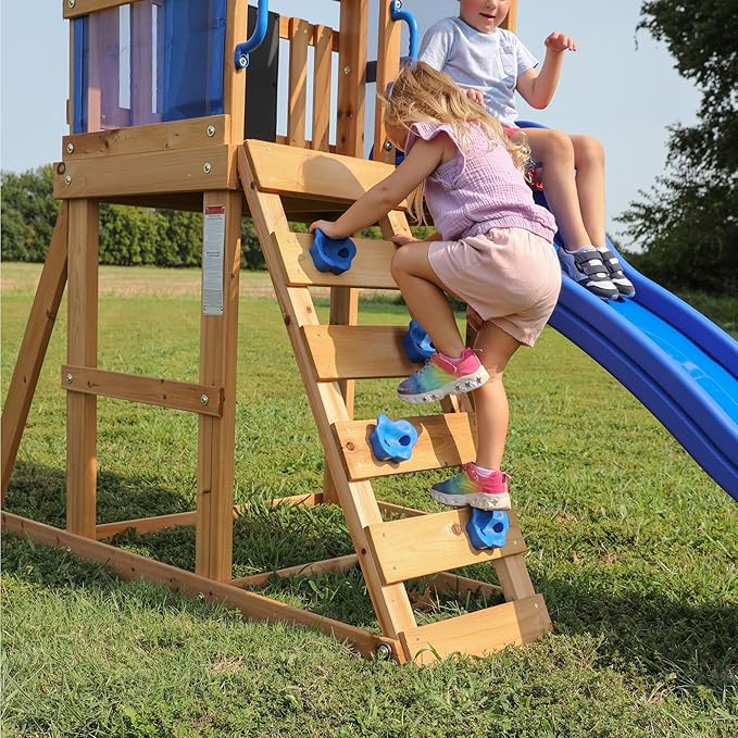 Backyard Discovery Bay Pointe Cedar Wood Swing Set with Wave Slide, Play Deck, Rock Wall Ladder, Belt Swings, Chalkboard, Canopy Roof, Outdoor Playset