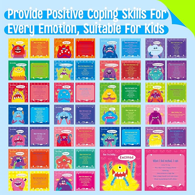 Emotions Flip Chart, 25 Different Feelings with Coping Skills-Learn to Identify Various Moods, Cartoon Faces Emotions for Kids with Autism, ADHD-Emotion Flipbook for Therapy, Home Use (Monsters Ver.)