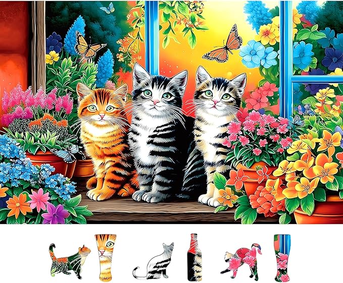 500 Piece Cat Jigsaw Puzzle for Adults - 23x15 Inch Cute Kittens in Garden Window with Butterflies & Flowers, Unique Art Puzzle for Home Decor & Gift
