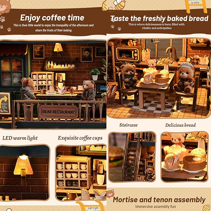 ISSEVE Book Nook Kit - DIY Miniature House Kit for Adults, Teens and Beginners, Dollhouse Booknook Craft Tiny House Bookshelf Decor 3D Wooden Puzzle, Gifts for Friends Family (Bear Restaurant)