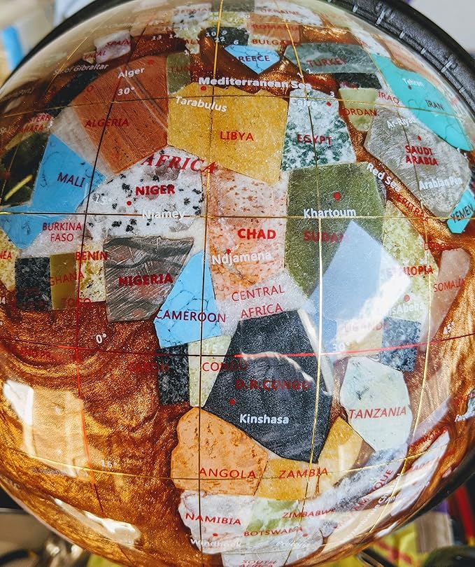 unique art since 1996 Limited Edition! unique art since 1996 Amber Pearl Swirl Table Top Gemstone World Globe with Tripod Silver Zinc Alloy Stand (220MM/9 INCHES/Amber Ocean)