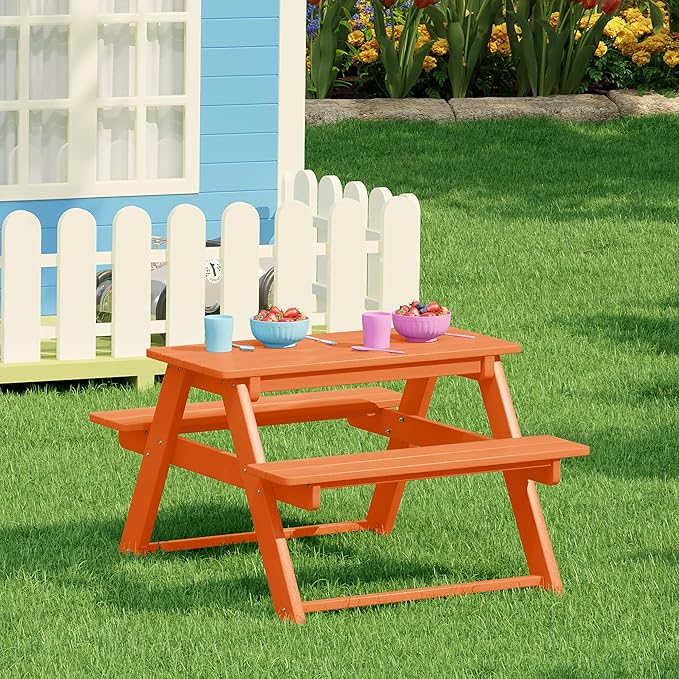 Costaelm Kids Picnic Table, HDPE All Weather Outdoor Toddler Picnic Table and Chair Set Kids Bench for Patio, Backyard, Garden, Lawn, Orange