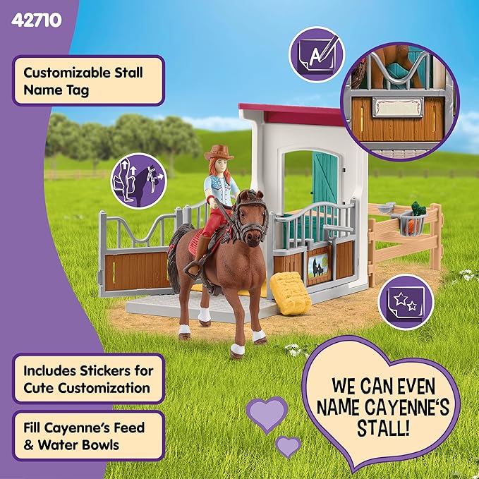 Schleich Horse Club - 25PC Hannah and Cayenne Horse Toy Stall Playset with Accessories - Customizable Stable Name Tag - Realistic, Posable Rider and Pony Toys for Girls and Boys - Kids Ages 5+ - 42710