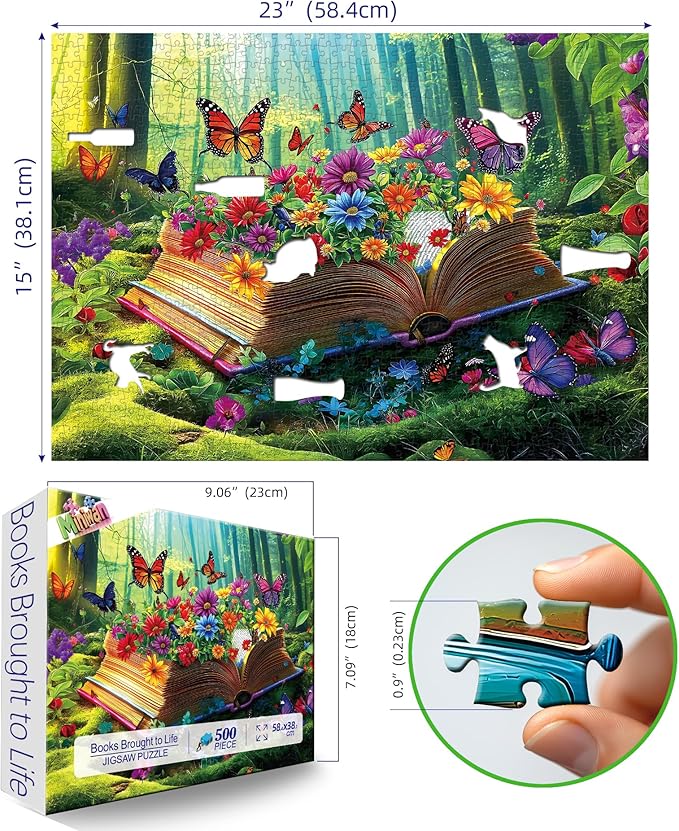 Vibrant Flowers Book 500 Piece Jigsaw Puzzle for Adults Magical Forest Scene Enchanted Garden & Butterflies Funny Colorful Challenging 500-Piece Puzzle for Family Game Night(23"x15")