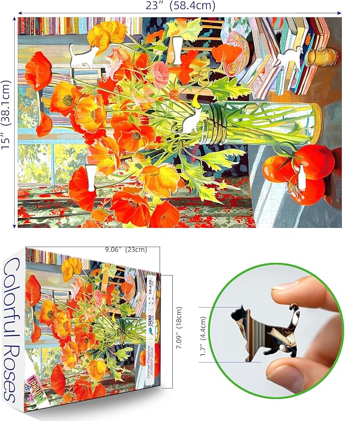 500 Piece Jigsaw Puzzle for Adults Orange Floral Art Premium 15"x23" Beautiful Flowers Large Piece Puzzle with Books Tomatoes Still Life Challenging Gift for Women, Men, Puzzle Lovers