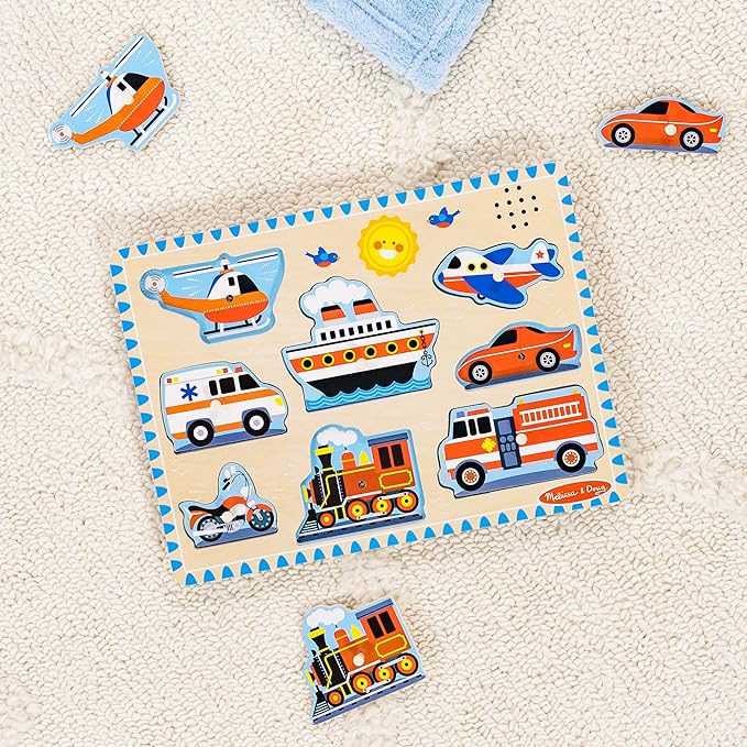 Melissa & Doug Vehicles Sound Puzzle – 8-Piece Wooden Peg Puzzle with Light-Activated Sounds, Music Learning Toy for Toddlers and Preschoolers Ages 2+