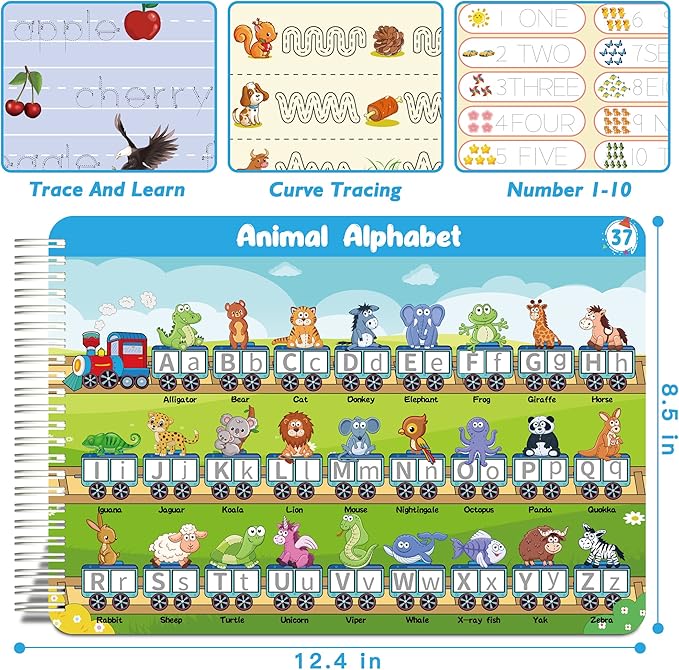 Handwriting Practice - Tracing Books for Kids Ages 3-5, Montessori Preschool Learning Activity, Autism Educational Learn Number Letters Shapes Animal & Sight Words Workbook with 8 Dry Erase Markers