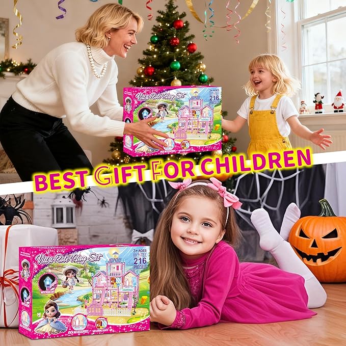 Dollhouse for Girl with 1 Princess, 3 Floors -8 Rooms, 216 Accessories Includes Dog and Furnitures, Design and Build Gift for 3 4 5 6 7 8+ Year Old Girls (Pink)