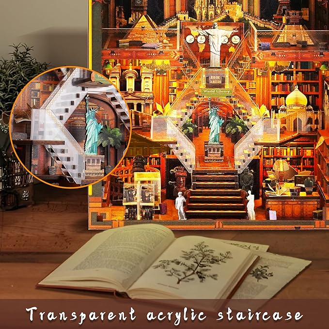 Book Nook Kits for Adults – The World Library Booknook – 3D Wooden Puzzle with LED Lights – Creative Bookshelf Insert & Educational Gift for Book Lovers & DIY Enthusiasts