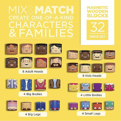 32-Piece Multiracial Magnetic Family Play Set – Wooden Diversity Building Blocks for Kids – Multicultural Puzzles & SEL Toy for Toddlers & Children