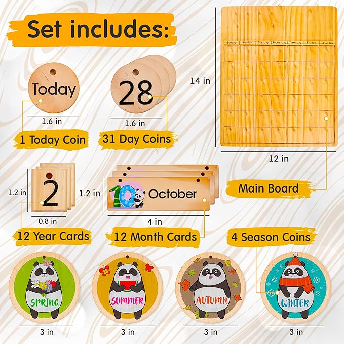 Panda Brothers Wooden Perpetual Calendar - Montessori Toy for Kids Learning Seasons, Months and Days of The Year, Preschool Calendar for Kids Learning at Home and Classroom Teaching, on Desk and Wall