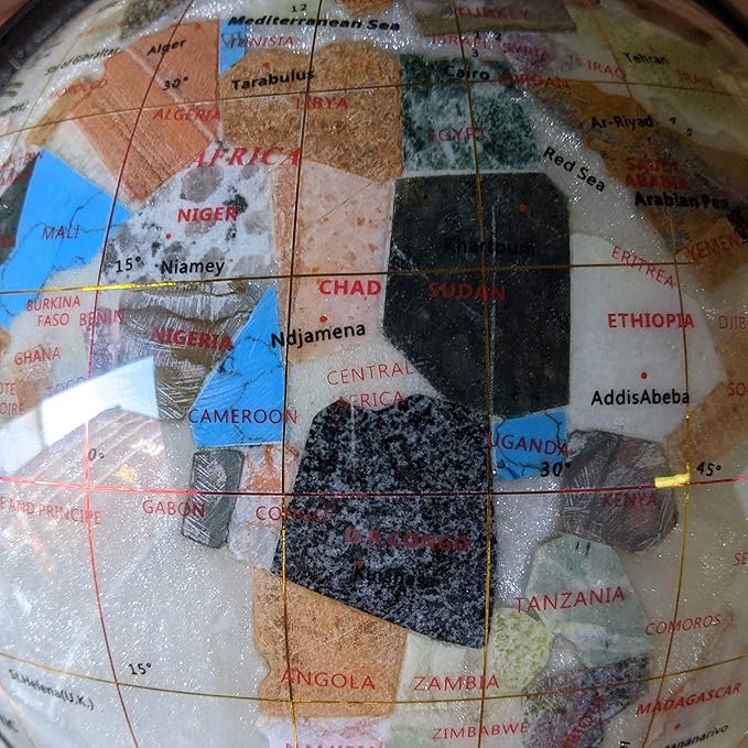 Limited Edition! Unique Art Since 1996 Pearl Ocean Table Top Gemstone World Globe with 4 Leg Copper Plated Zinc Alloy Stand (220MM/PEARL OCEAN/4LEG COPPER)