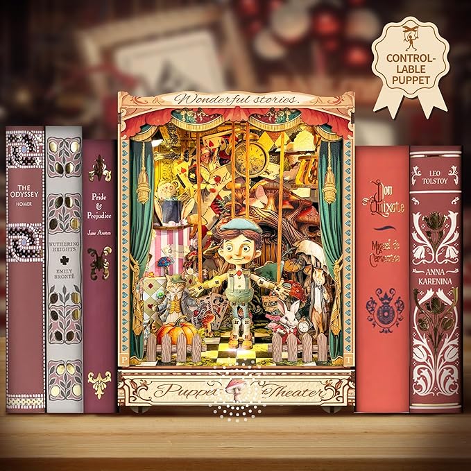 [2025 New] Puppet Theater Book Nook Kit with Dust Cover & LED Light, DIY Miniature House Kit Toy, 3D Wooden Puzzle Bookshelf Decor Building Kit, Birthday Gifts for Family & Friends