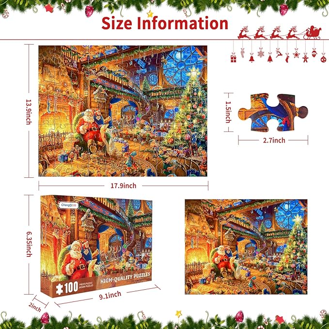 Christmas Puzzle 100 Piece Puzzles for Kids, 100 Piece Puzzle Santa Claus Puzzle 100 Pieces Puzzles for Adults Christmas Puzzle Santa's House for Kids Ages 6-10 Brain Teaser