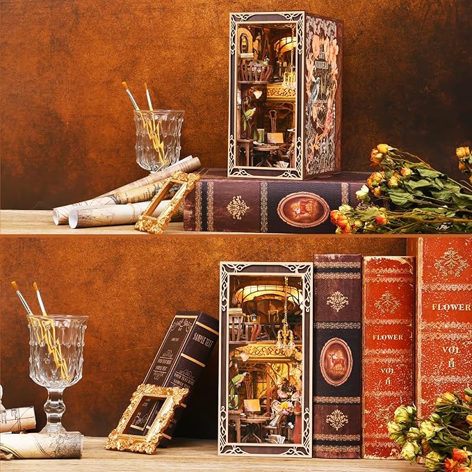 Book Nook Kit, DIY Miniature Dollhouse Booknook Kit, 3D Wooden Puzzle Bookend Bookshelf Insert Decor with LED Light for Teens and Adults, Painter's Day at Dusk