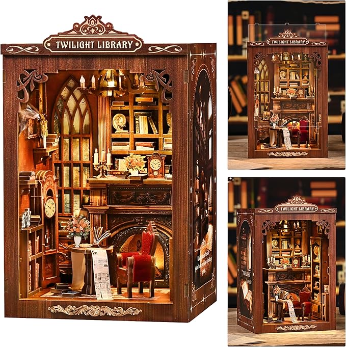 ISSEVE Book Nook Kit, DIY Miniature House Kit for Adults Teen Beginners, Dollhouse Mini Booknook Kits, Tiny House Bookshelf Decoration, 3D Wooden Puzzles Crafts Gifts (Twilight Library)