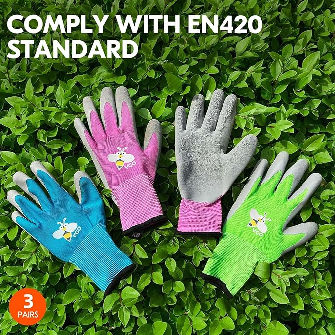 Vgo... 3-Pairs Age 3-5 Kids Gardening Gloves, Children Yard Work Gloves, Soft Safety Rubber Gloves (XXXS, KID-RB6013)