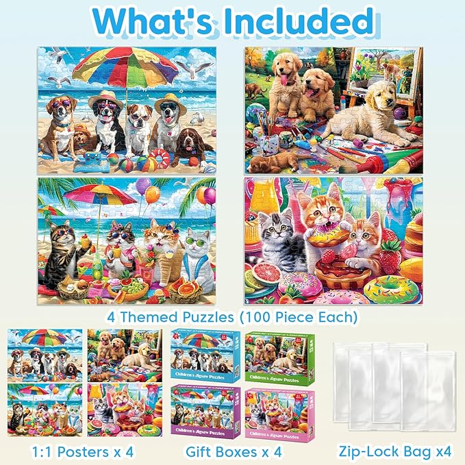 4-Pack 100 Piece Puzzles for Kids Ages 4-6 - Cats & Dogs Puzzles for Kids Ages 6-8 Kid Puzzle Educational Search & Find Toy Preschool Large Piece Puzzle for Adults Seniors