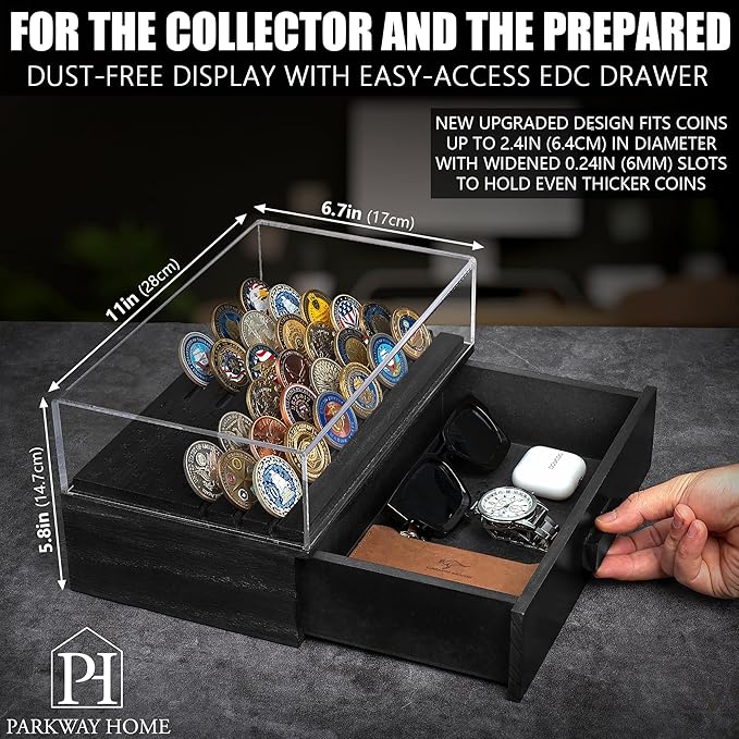 Black Military Challenge Coins Display Holder with American Flag,Solid Wood Challenge Coin Stand with Drawer,Challenge Coin Display Case for Collector, Military Coin Holder Rack for Desk