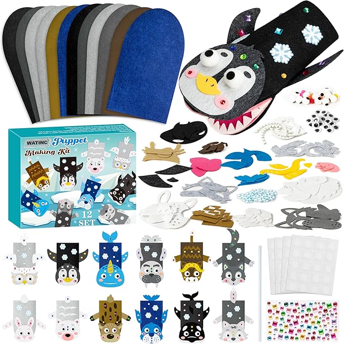 WATINC 12 Pcs Hand Puppet Making Kit, Art Craft Felt Sock Puppet Toys, Creative DIY Make Your Own Pompoms Wiggle Googly Eyes Storytelling Role Play Party Supplies Gift for Girls Boys (Polar Animals)