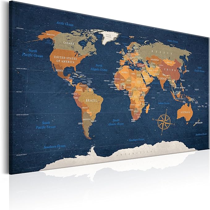 artgeist Pinboard World Map 35x24 in - Cork Board & Canvas Print Wall Art 1 pcs Memoboard with 50 Pins Noticeboard Message Board Image Picture Home Decor Travel Map k-C-0048-p-b