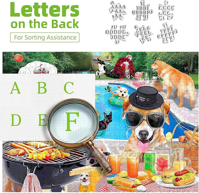 Dog Pool Party Puzzle for Adults 500 Piece Summer Funny Animal BBQ Jigsaw Puzzles with Letters on Back Unique Fun Family ChallengingPuzzles for Seniors Family (23"x15")