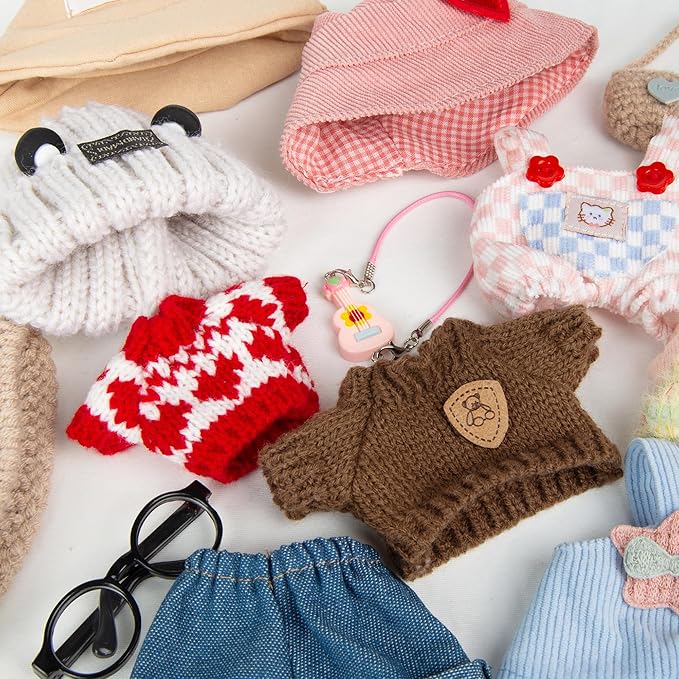 5 Pieces Doll Clothes for Labubu - Kawaii Chic Style Set for 17cm Dolls, Cute Doll Outfit with Accessories - Grey Bear Ears Hat + Red Sweater + Blue Jeans + Glasses + Small Guitar (Clothes Only)