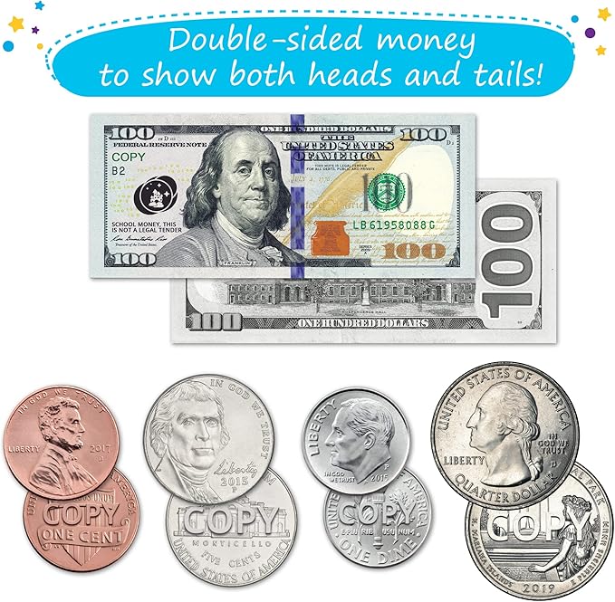 48 PCS Large Double-Sided Magnetic Money - Play Money for Kids for Learning, Pretend Money for Classroom, Toy Money, Play Coins for Kids, Money Games, Practice, Money Manipulatives, Class Money Set