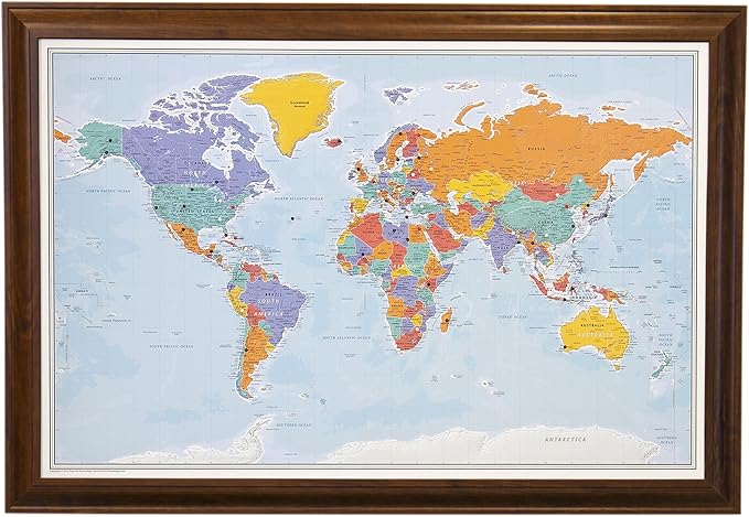 Push Pin Travel Maps - Blue Oceans World - Brown Frame Framed Pin Map for Tracking Your Travels - 27.5" x 39.5" - 8 Handcrafted Frame Options - Made in USA - Ideal for Any Traveler