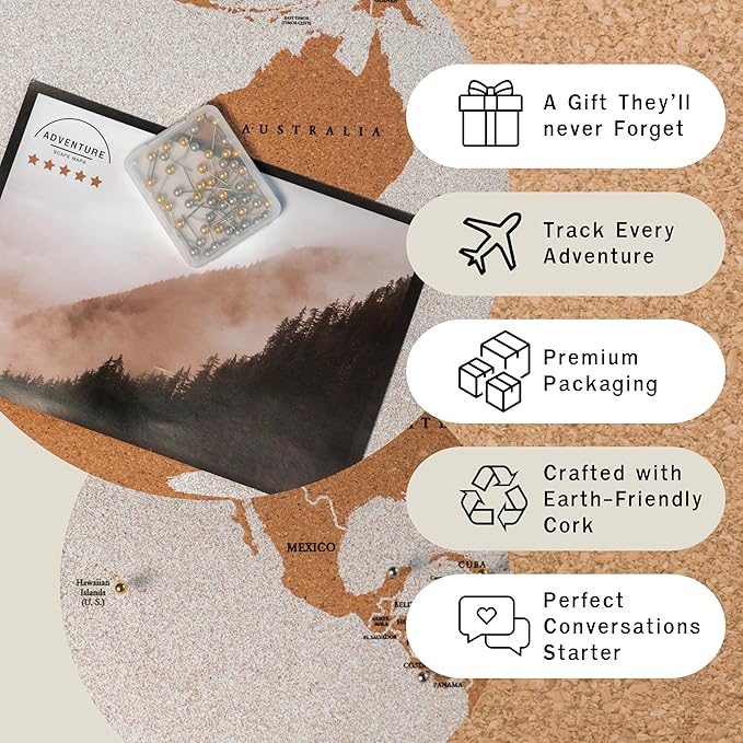 Push Pin World Travel Map – 30" x 20" Framed Cork Board Wall Art, Large Push Pin Map for Tracking Adventures, Unique Gift for Travelers, Couples, and Families
