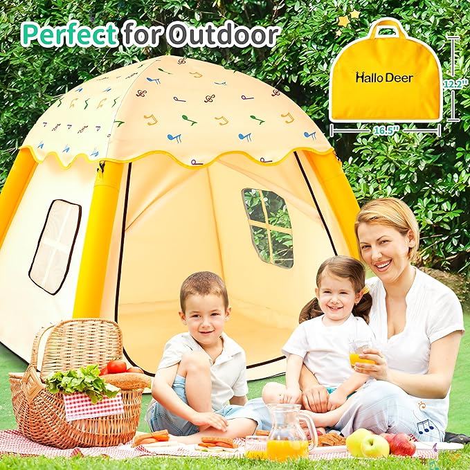 HalloDeer Kids Play Tent with Star Lights, Inflatable Toddler Tent Dome for Boys & Girls, Indoor Kids Tents, Portable for Outdoor, 51x51x43 in, Yellow