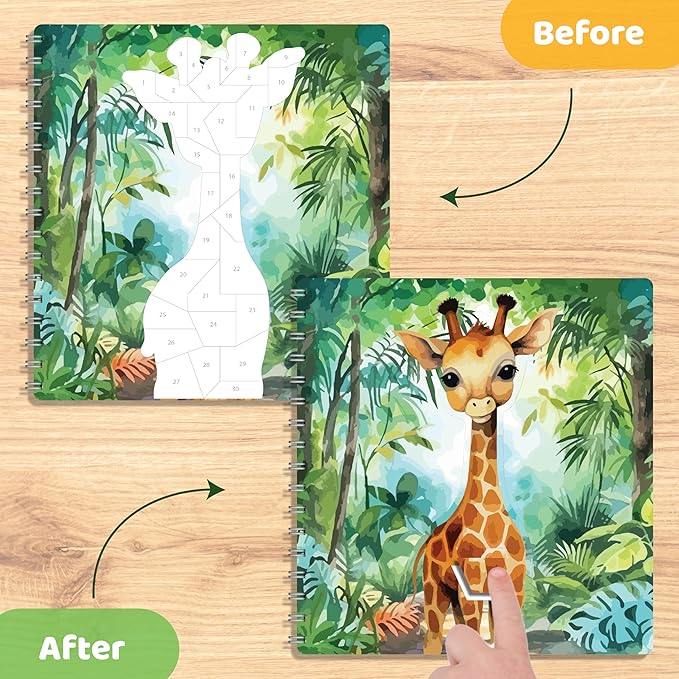 jackinthebox Sticker by Number Book, 12 Scenes Puzzle Paint by Sticker Book + Colouring Pages, Gifts for Birthday, Party Favor Toys for Girls, Arts & Crafts for Kids Age 7 8 9 10 (Baby Animals)