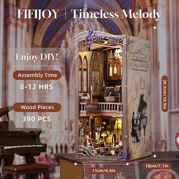 fifijoy Book Nooks, DIY Miniature Book Nook Kit Music, 3D Wooden Puzzle Bookends for Bookshelf Insert Decor with Led Light for Teens and Adults (Timeless Melody)