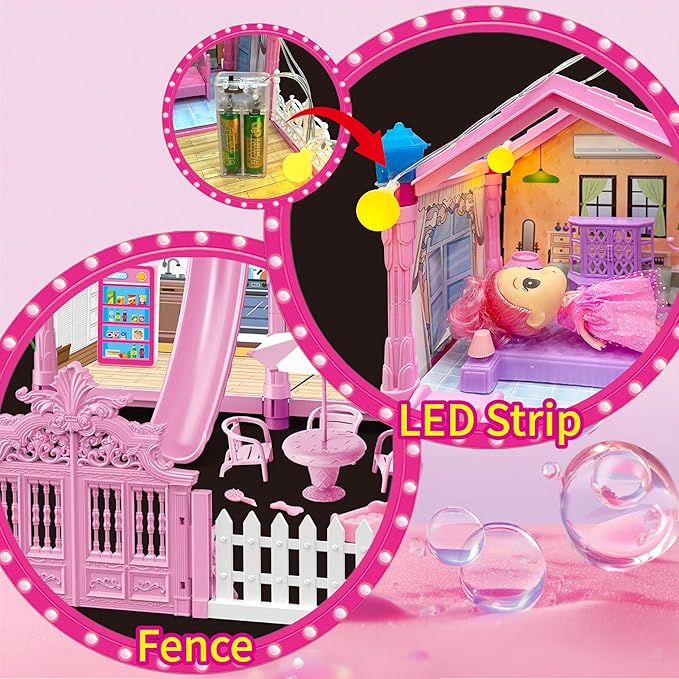 Dollhouse for Girl with 1 Princess, 3 Floors -8 Rooms, 216 Accessories Includes Dog and Furnitures, Design and Build Gift for 3 4 5 6 7 8+ Year Old Girls (Pink)
