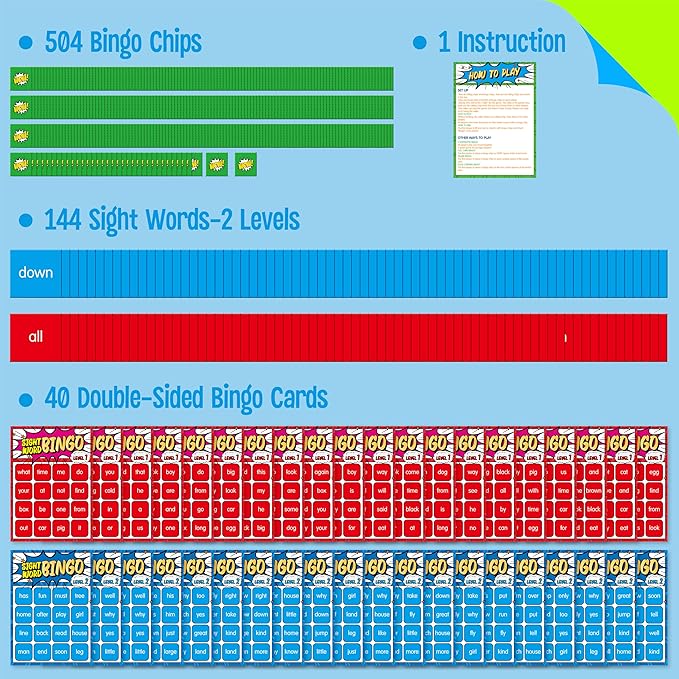 Sight Word Bingo Game, 144 Sight Words Learn to Read Level 1 & Level 2 Bingo Board Game Dolch & Fry Words Lists for Kindergarten, Classroom, Home, Grade 1st, 2nd, Kids 4-8 (2-40 Players)