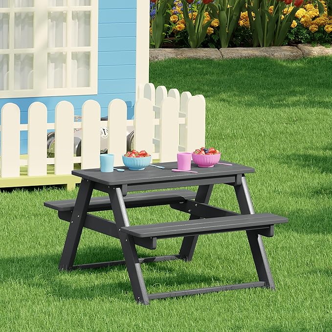 Costaelm Kids Picnic Table, HDPE All Weather Outdoor Toddler Picnic Table and Chair Set Kids Bench for Patio, Backyard, Garden, Lawn, Gray