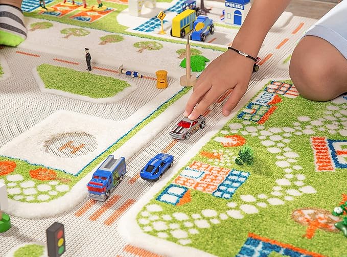 IVI Mini City Thick 3D Educational Play Mat Rug for Bedroom or Playroom, 86'L x 59'W, Non-Toxic Safe Play Area Learn with Cars and Toys