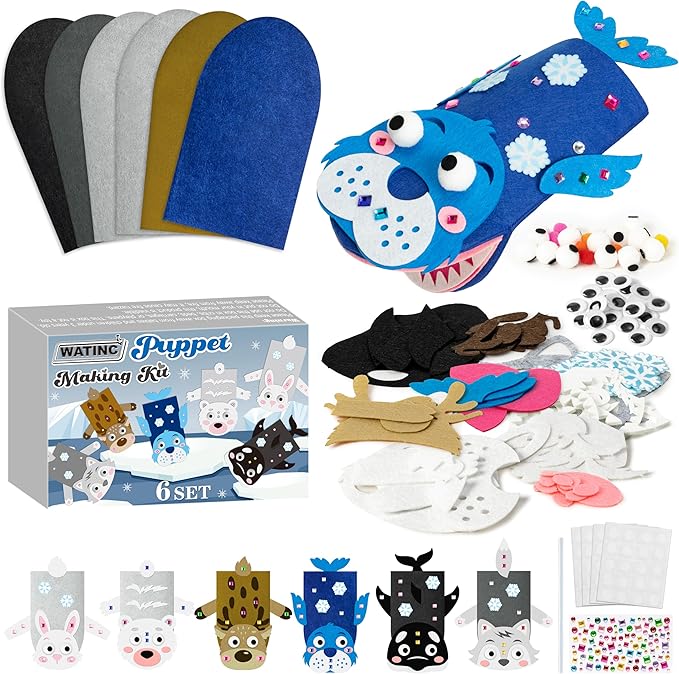 WATINC 6Pcs Hand Puppet Making Kit, Art Craft Felt Sock Puppet Toys, Creative DIY Make Your Own Pompoms Wiggle Googly Eyes Storytelling Role Play Party Supplies Gift for Girls Boys (Polar Animals A)