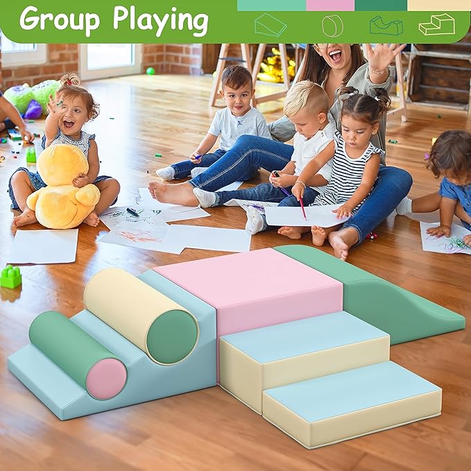 Betterhood Toddler Climbing Toys Indoor, 2 PCS Climb and Crawl Activity Playset for Toddlers 20" L x 20" W x 10" H, Colorful Climbing Blocks Structure for Indoor Active Play Blue/Green