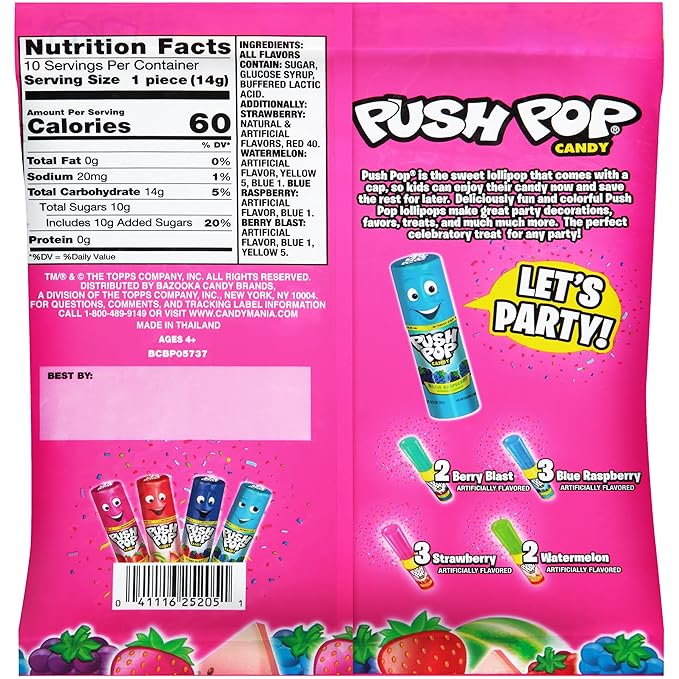 Push Pop Halloween Candy Variety Pack, 10 Ct Lollipops Individually Wrapped in Fruity Flavors, Bulk Individually Wrapped Hard Candy, Birthday Party Favors, Trick or Treat, Halloween Bowls, Kids Gifts