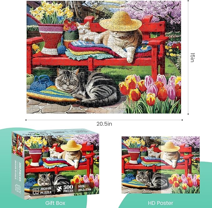 500 Piece Puzzles for Adults, Cats Napping on Red Bench 500 Piece Puzzle, Cat & Garden Jigsaw Puzzle, Perfect for Family Game Night, Home Wall Decor, Ideal Gift for Adults, Kids, Seniors, 20.5 x 15 in