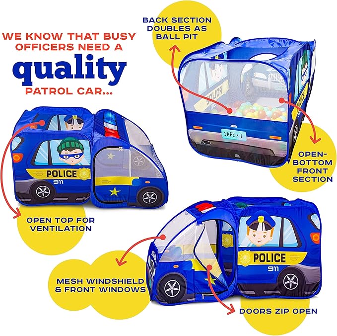 Police Car Pop Up Play Tent with Sound Button for Kids, Toddlers, Boys, Girls, Indoors & Outdoors – Playhouse for Interactive Fun - Foldable, Quick Setup Pretend Play Toys & Gift