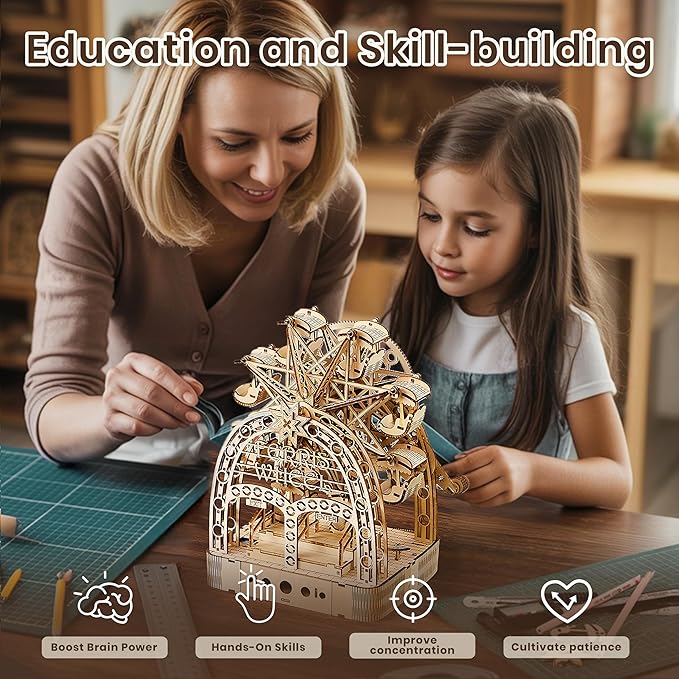 3D Wooden Puzzles for Adults: 3D Puzzle Light-Up Ferris Wheel with Music Box - 222psc Wooden Puzzles Model Building Kits Fun Gifts for Adult with Storage Box - Hobbies for Men Women