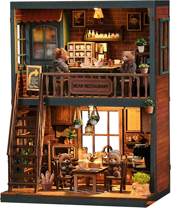 ISSEVE Book Nook Kit - DIY Miniature House Kit for Adults, Teens and Beginners, Dollhouse Booknook Craft Tiny House Bookshelf Decor 3D Wooden Puzzle, Gifts for Friends Family (Bear Restaurant)