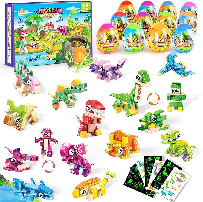 Dinosaur Party Favors for Kids – 12 Dino Figures in Prefilled Eggs, 3-in-1 Building Block Toy Set with Glow Tattoos, Christmas & Birthday Gift, Goodie Bag Filler, Stocking Stuffer, Boys & Girls 6+